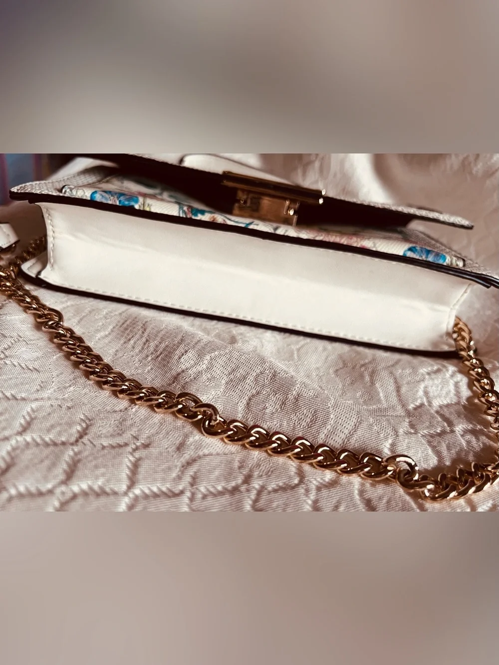 Aldo White Floral Crossbody Bag with Gold Chain